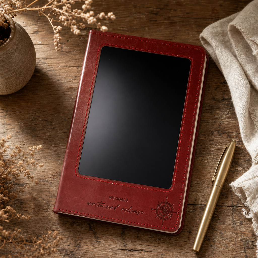 A5 Intention Note Book - LCD Wipe Screen - Red Leather Effect - 80 Leafs — styled in a warm, naturally lit interior