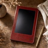 A5 Intention Note Book - LCD Wipe Screen - Red Leather Effect - 80 Leafs — styled in a warm, naturally lit interior