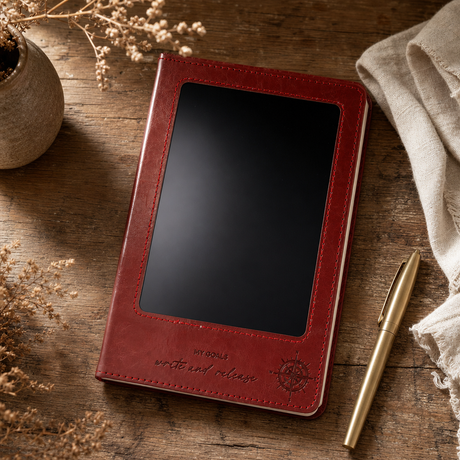A5 Intention Note Book - LCD Wipe Screen - Red Leather Effect - 80 Leafs — styled in a warm, naturally lit interior