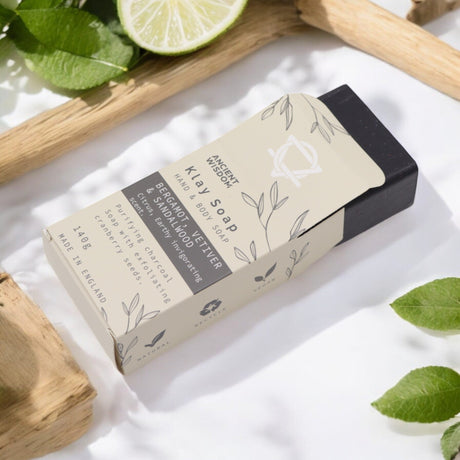 Purifying Charcoal Soap with Bergamot & Sandalwood - Exfoliating Cranberry Seeds, Natural & Vegan, Made in UK - 140g Klay Soap by Ancient Wisdom - SHAMTAM.COM