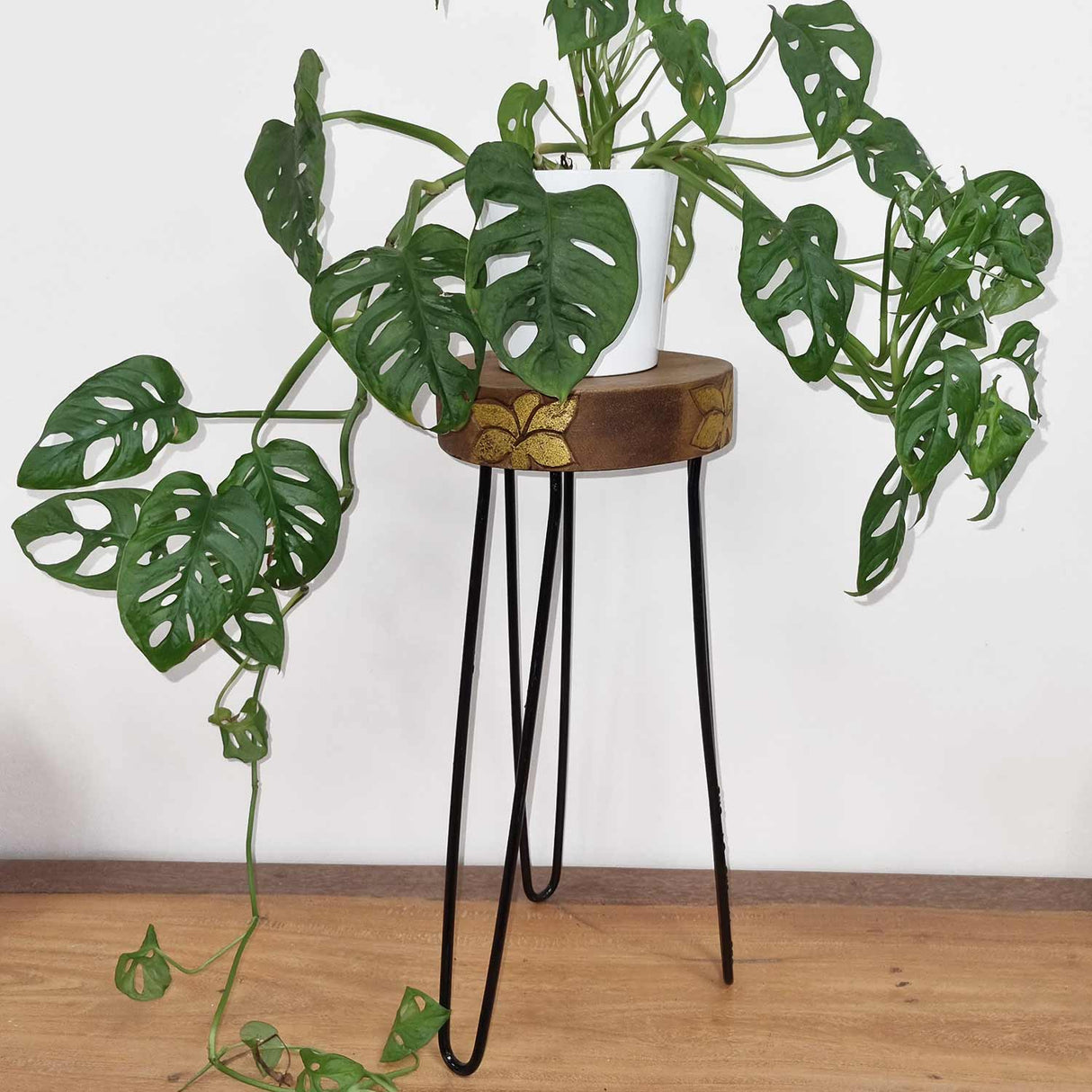 Albasia Wood Plant Stand - Natural & gold detail - SHAMTAM.COM