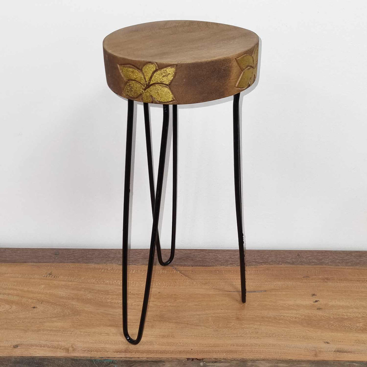 Albasia Wood Plant Stand - Natural & gold detail - SHAMTAM.COM