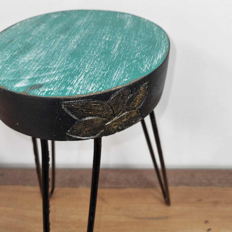 Albasia Wood Plant Stand - Turquoise & gold detail - SHAMTAM.COM