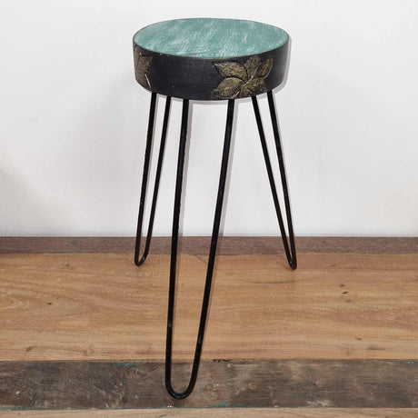 Albasia Wood Plant Stand - Turquoise & gold detail - SHAMTAM.COM