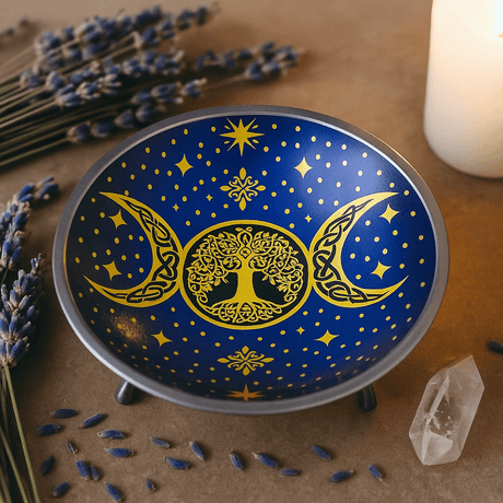 Altar Offering Plate Enameled Purple Triple Moon Three - Legged - SHAMTAM.COM