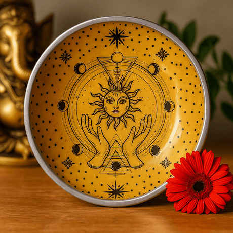 Altar Offering Plate Enameled Tripod Sun and Hands - SHAMTAM.COM