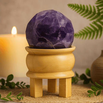 Sfera sfaccettata di cristallo di ametista con base in legno