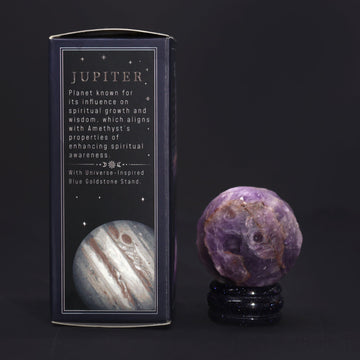 Ametyst Krystal Kugle med Goldstone Stativ Jupiter