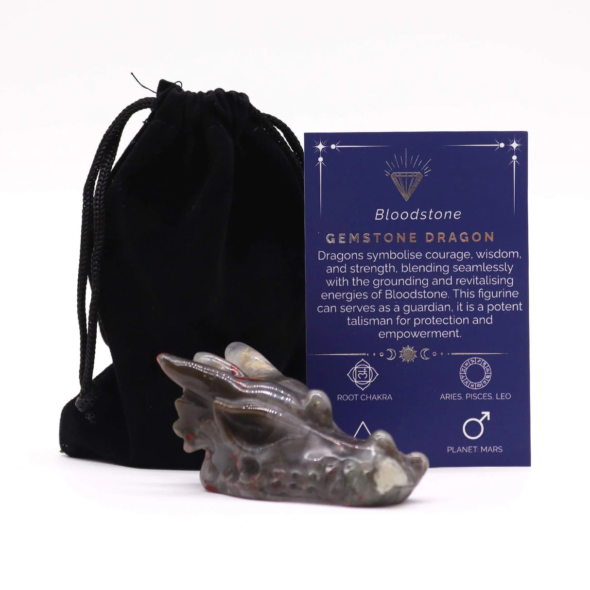 Gemstone dragon figurine with a black drawstring bag and information card on a white background