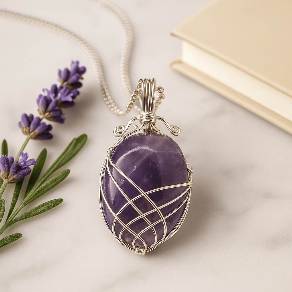 Amethyst Pendant Necklace Wire Wrapped 50cm Chain - SHAMTAM.COM