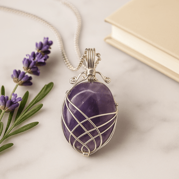 Amethyst Pendant Necklace Wire Wrapped 50cm Chain