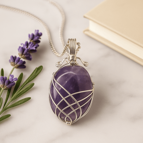 Amethyst Pendant Necklace Wire Wrapped 50cm Chain - SHAMTAM.COM