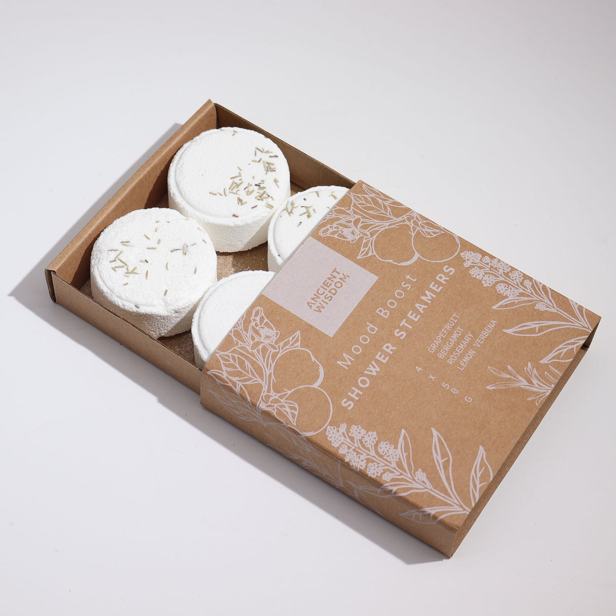 Ancient Wisdom Mood Boost Shower Steamers Gift Set - All - Natural Essential Oils, Vegan & Cruelty - Free, Made in Sheffield, UK - Uplifting Aromatherapy with Grapefruit, Bergamot, Rosemary, Lemon Tea Tree - Set of 4 - SHAMTAM.COM