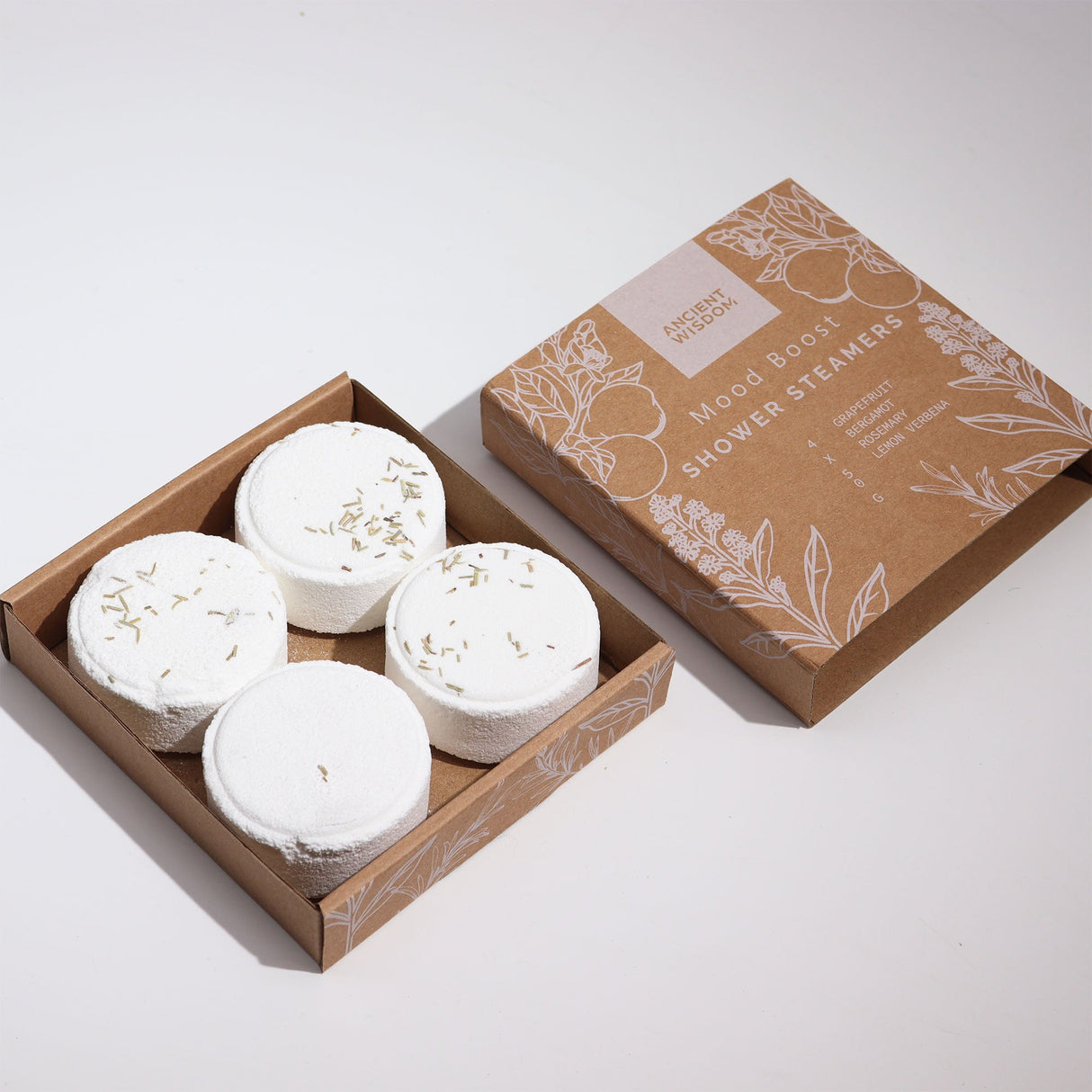 Ancient Wisdom Mood Boost Shower Steamers Gift Set - All - Natural Essential Oils, Vegan & Cruelty - Free, Made in Sheffield, UK - Uplifting Aromatherapy with Grapefruit, Bergamot, Rosemary, Lemon Tea Tree - Set of 4 - SHAMTAM.COM