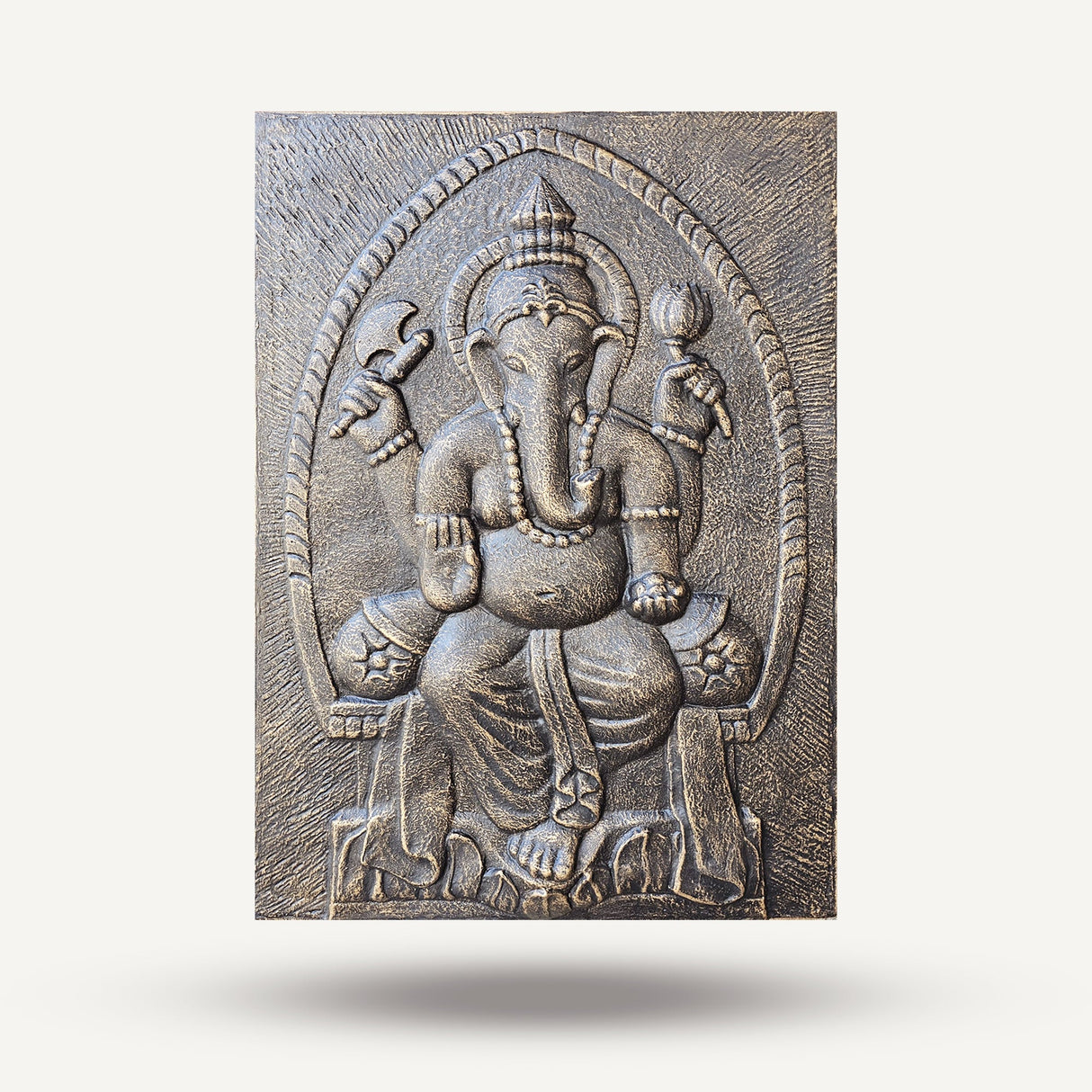 Antique Gold Relief Ganpati Iron Frame - 0.7x1m Intricately Carved Hindu Deity Ganesha Wall Art - SHAMTAM.COM