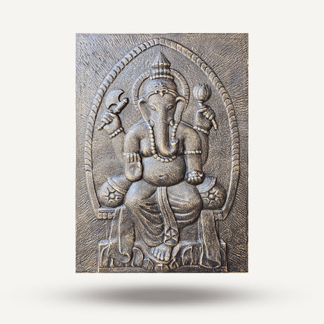 Antique Gold Relief Ganpati Iron Frame - 0.7x1m Intricately Carved Hindu Deity Ganesha Wall Art - SHAMTAM.COM
