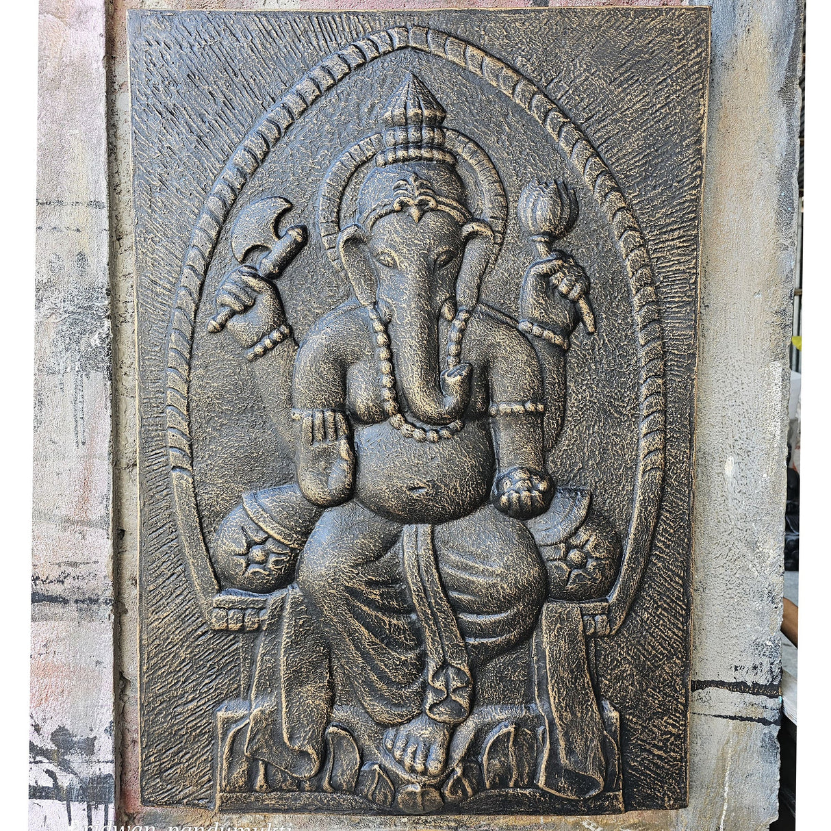 Antique Gold Relief Ganpati Iron Frame - 0.7x1m Intricately Carved Hindu Deity Ganesha Wall Art - SHAMTAM.COM