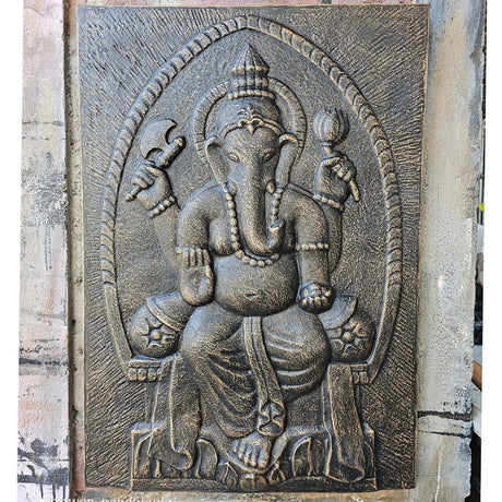 Antique Gold Relief Ganpati Iron Frame - 0.7x1m Intricately Carved Hindu Deity Ganesha Wall Art - SHAMTAM.COM