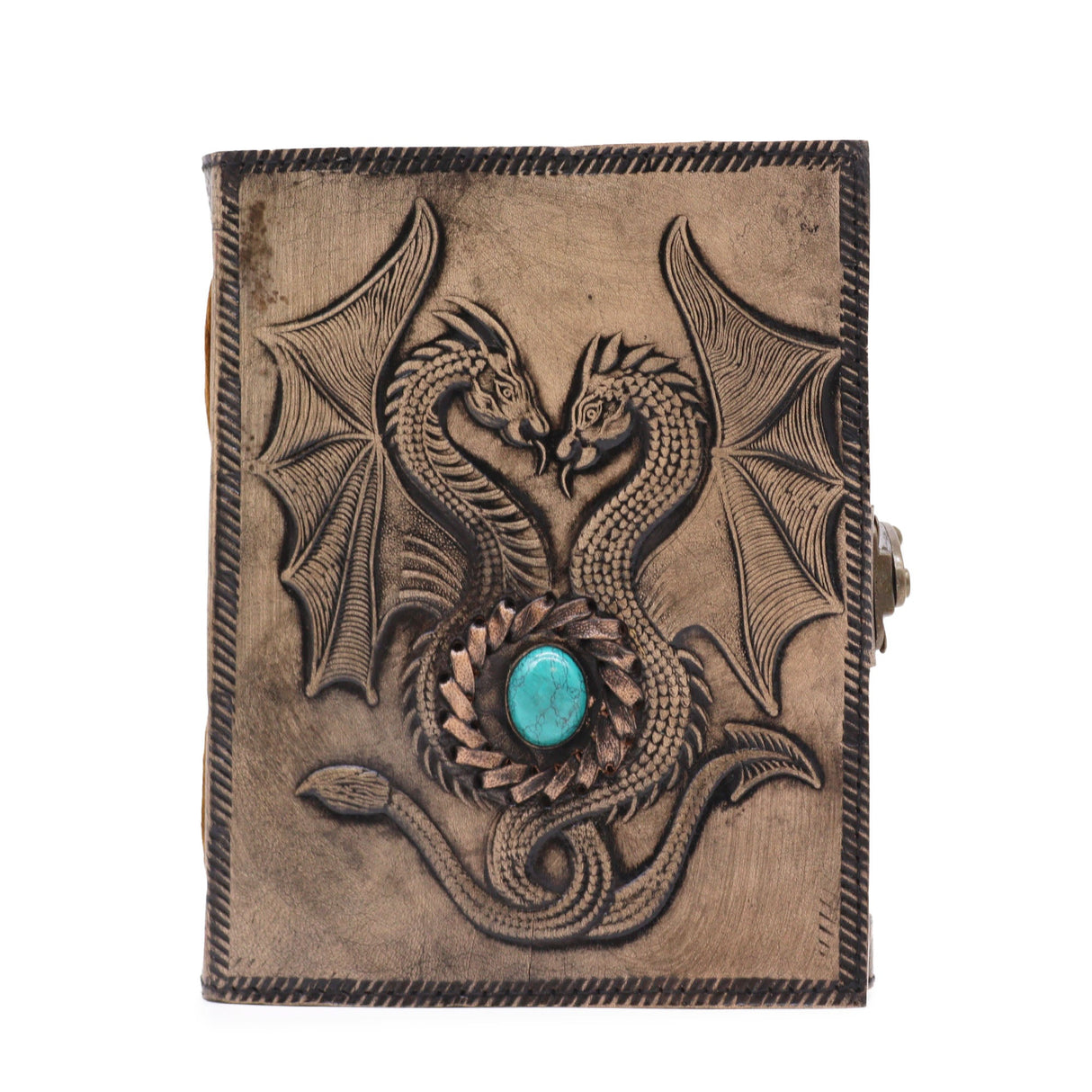 Antique Grey Two Dragons Esoteric Notebook with Turquoise Stone - 200 Pages, Stitch Edge, 17.5x12.5x3cm - Vintage Fantasy Journal - SHAMTAM.COM