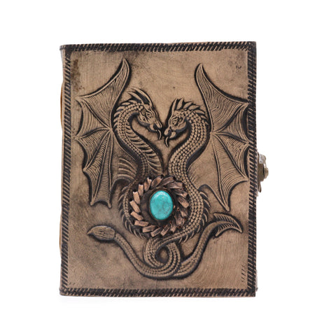 Antique Grey Two Dragons Esoteric Notebook with Turquoise Stone - 200 Pages, Stitch Edge, 17.5x12.5x3cm - Vintage Fantasy Journal - SHAMTAM.COM