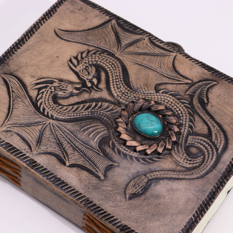 Antique Grey Two Dragons Esoteric Notebook with Turquoise Stone - 200 Pages, Stitch Edge, 17.5x12.5x3cm - Vintage Fantasy Journal - SHAMTAM.COM