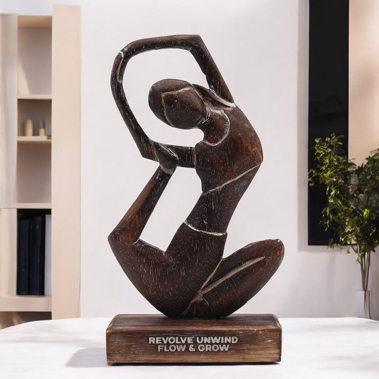 Antique Wooden Yoga Lady Sculpture in Revolved Pose - "Revolve Unwind Flow & Grow" - Abstract Art with Natural Wood Finish - SHAMTAM.COM