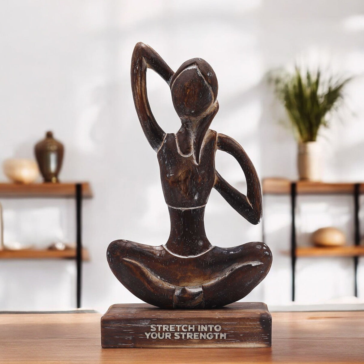 Antique Wooden Yoga Sculpture - Cow Face Pose - "Stretch into Your Strength" Figurine - SHAMTAM.COM