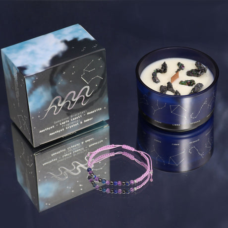 Aquarius Zodiac Crystal Candle with Amethyst Gemstone Bracelet - Aromatic Amethyst & Amber Scent for Spiritual Growth and Grounding - SHAMTAM.COM