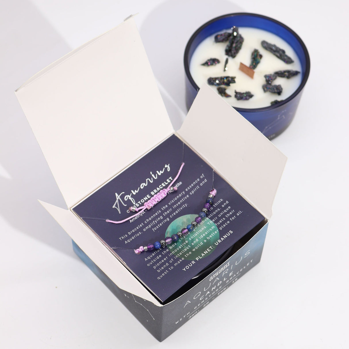 Aquarius Zodiac Crystal Candle with Amethyst Gemstone Bracelet - Aromatic Amethyst & Amber Scent for Spiritual Growth and Grounding - SHAMTAM.COM