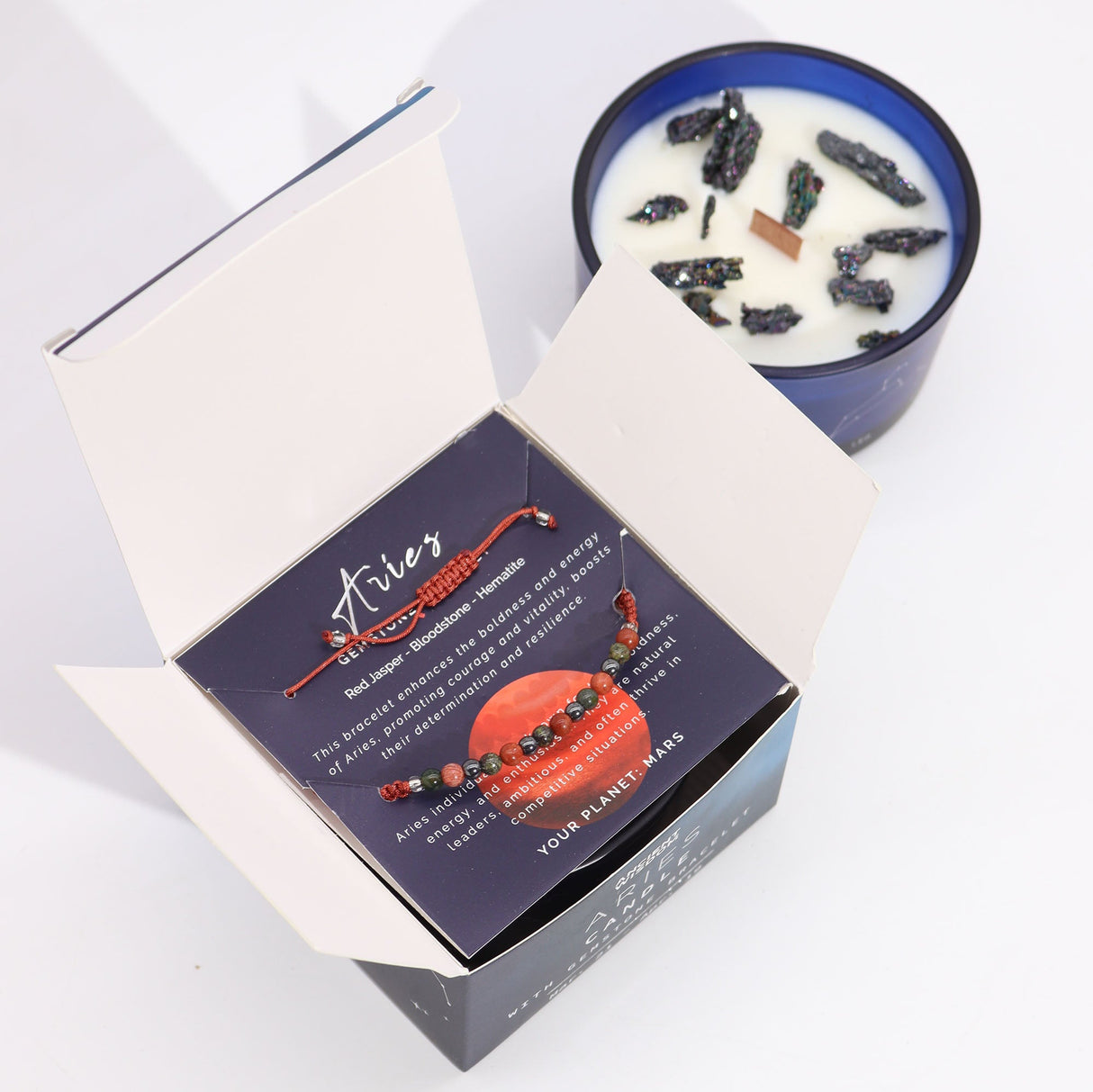Aries Zodiac Crystal Candle & Gemstone Bracelet Set - Celestial Aromatherapy with Red Jasper, Bloodstone, and Hematite - SHAMTAM.COM