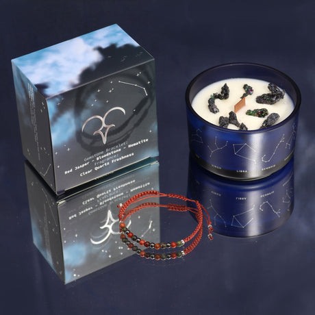 Aries Zodiac Crystal Candle & Gemstone Bracelet Set - Celestial Aromatherapy with Red Jasper, Bloodstone, and Hematite - SHAMTAM.COM