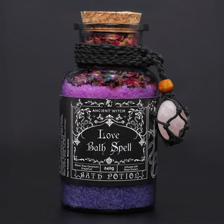 Poción de Baño de Hechizo de Bruja Antigua y Amuleto de Cuarzo Rosa – Amor