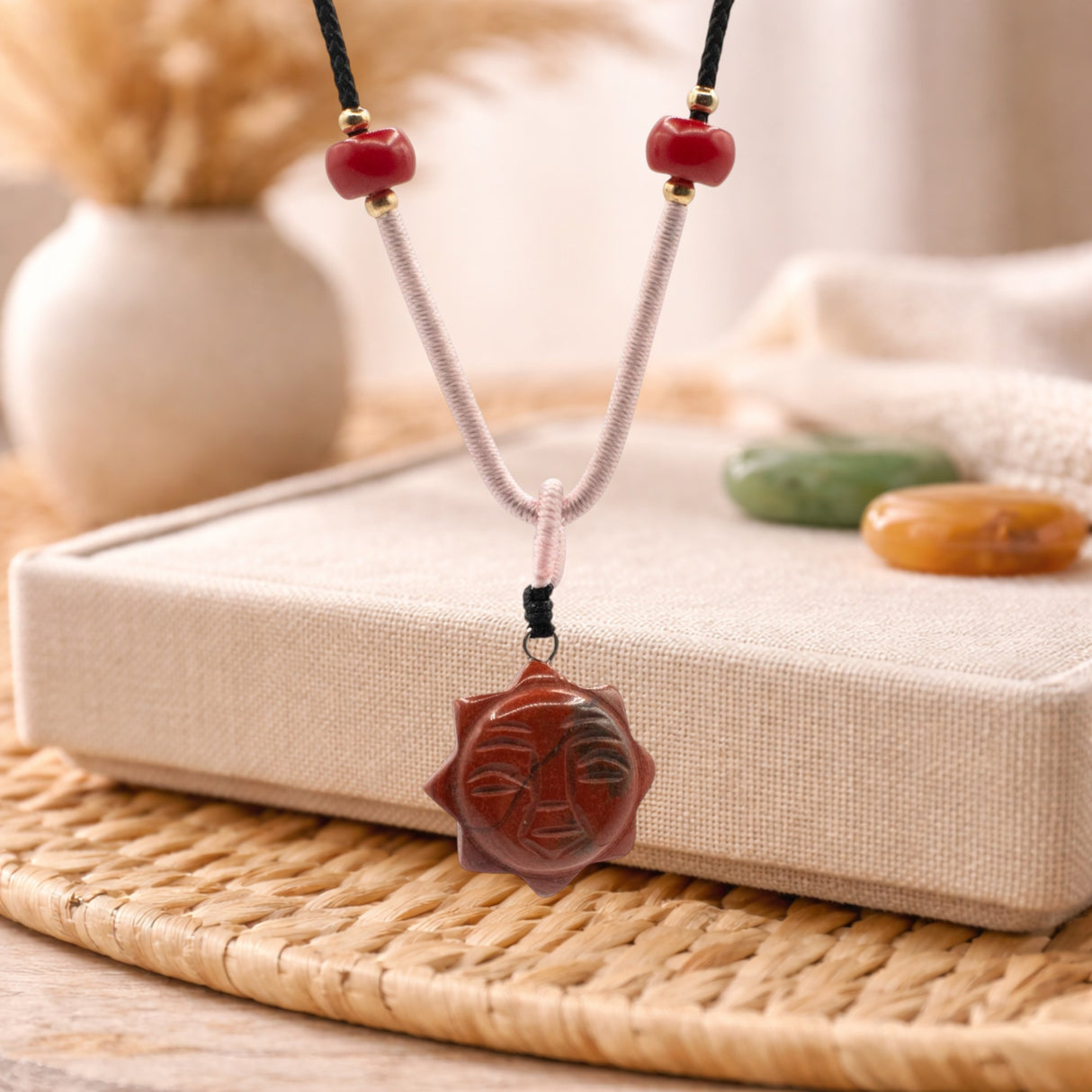 Cord Necklace Gemstone Pendant – Carnelian Sun Face