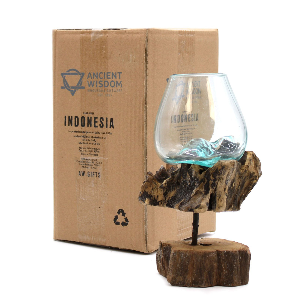 Ciotola di vetro fuso su base in legno di deriva media