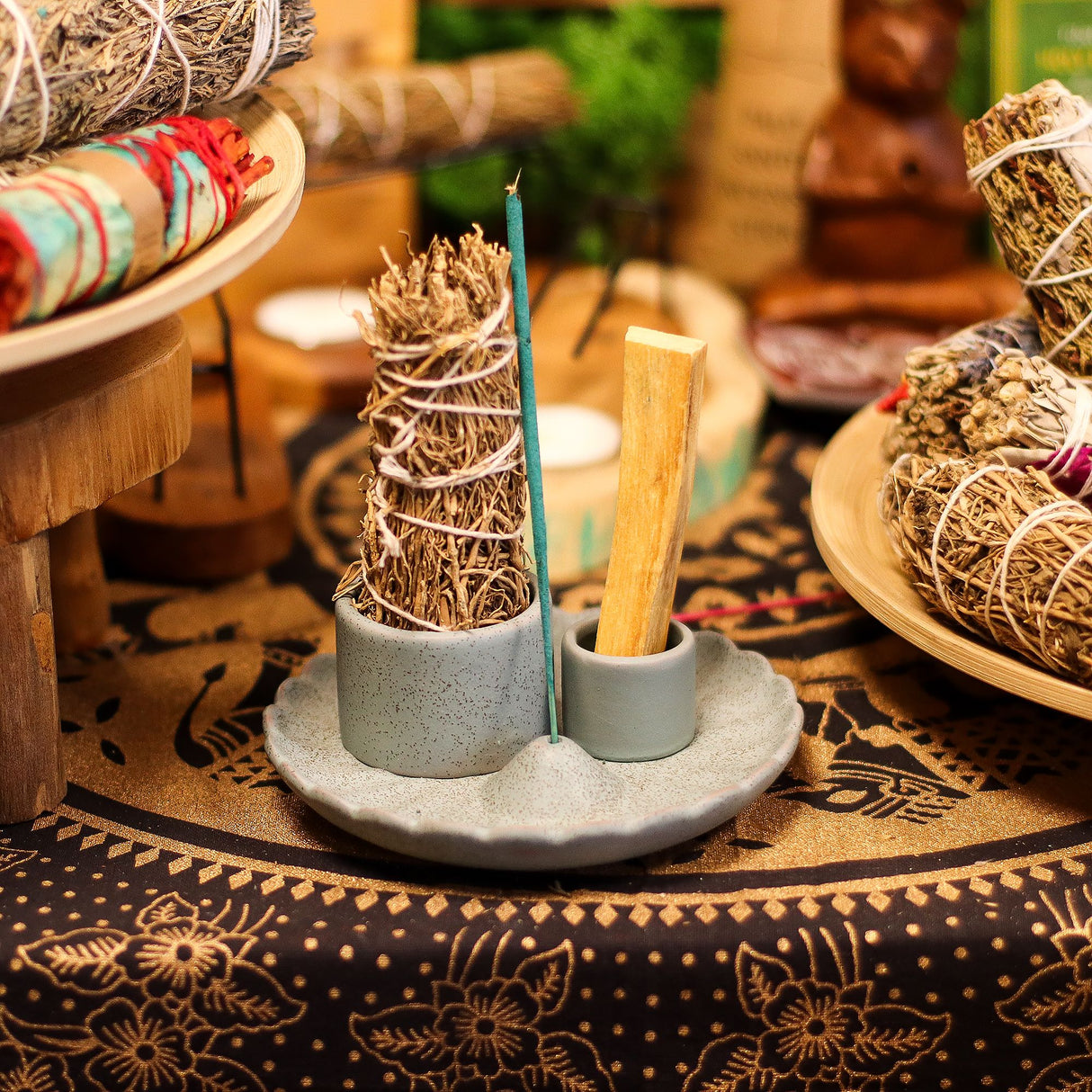 Blue Ceramic Lotus Palo Santo Sage Incense Holder