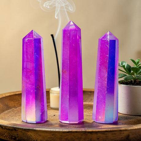 Gemstone Obelisk Point 9cm – Aurura Crystal Quartz – Purple, Gemstone Tower
