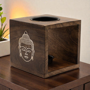 Large Square Mango Wood Oil Burner- Buddha Face