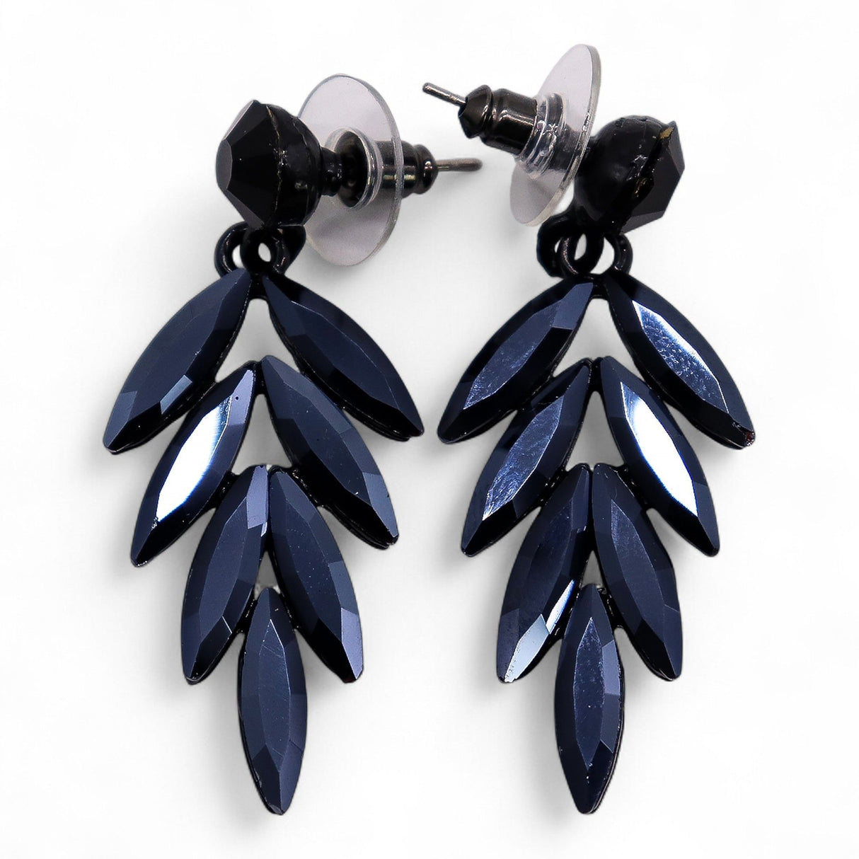 Black Vintage Glass Leaf Long Drop Stud Earrings