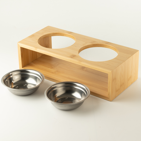PAW Food Bowls - Large Double Stainless Steel (201) in Wooden Stand - 2 × 13 cm
