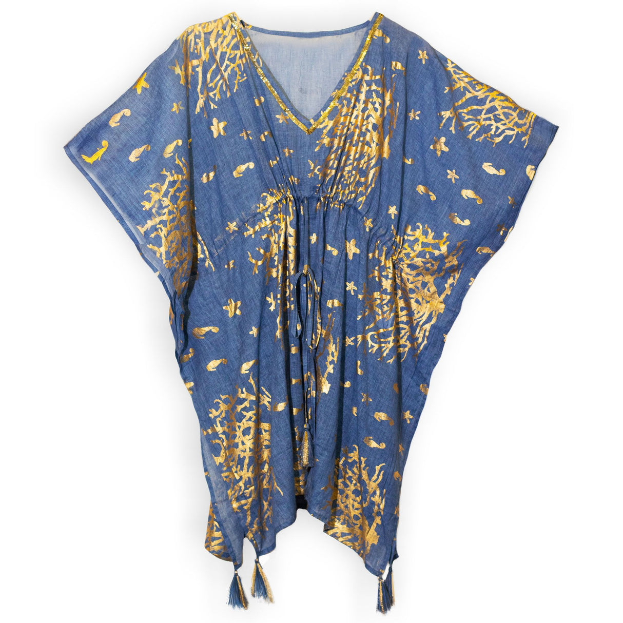 Kaftan Blue Gold Coral Recycled Sari One Size
