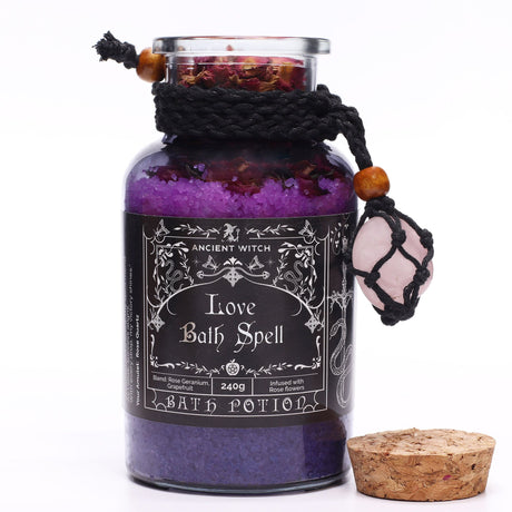 Poción de Baño de Hechizo de Bruja Antigua y Amuleto de Cuarzo Rosa – Amor