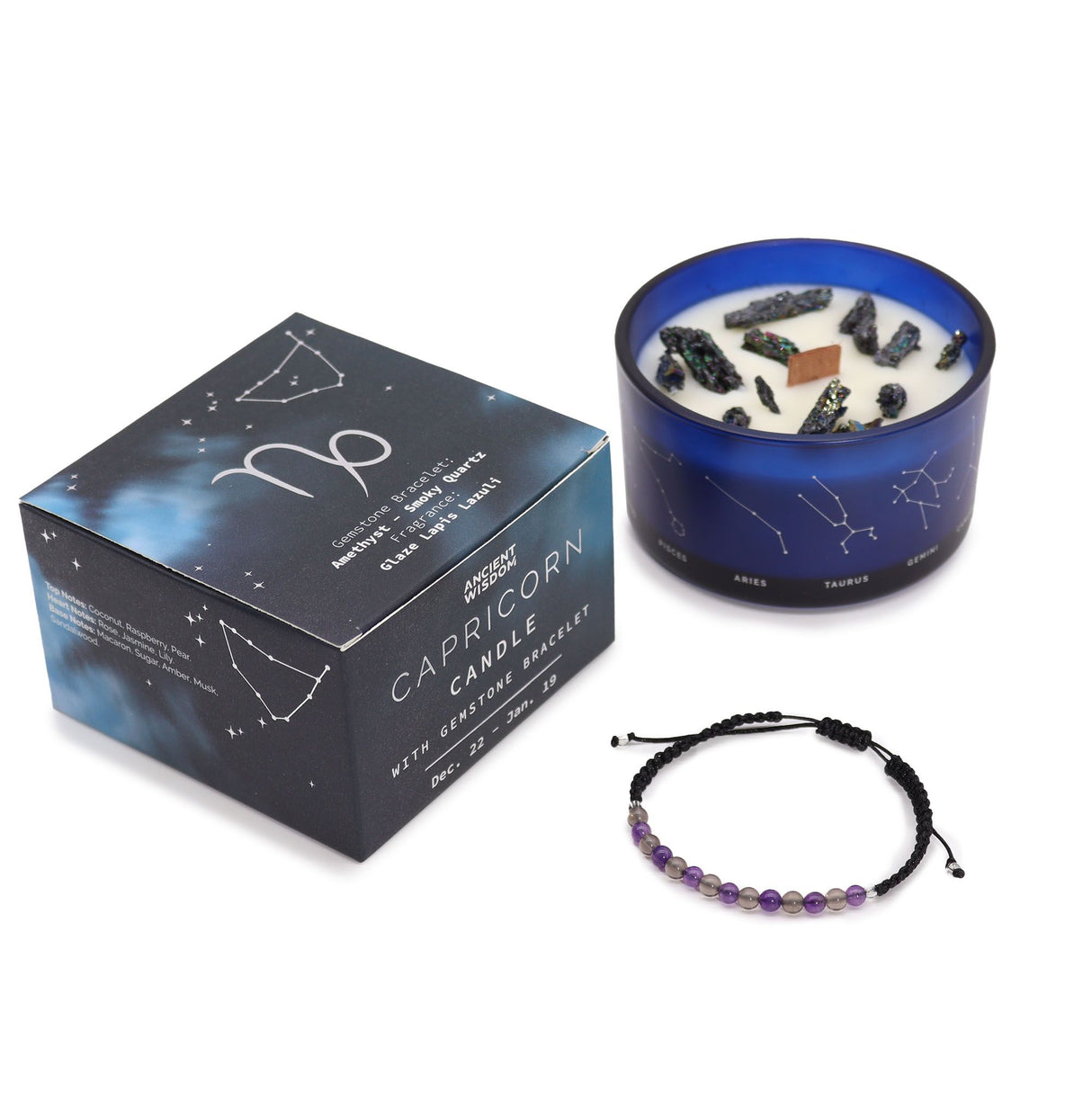 Capricorn Zodiac Candle Bracelet 2-Piece Amethyst Smoky Quartz