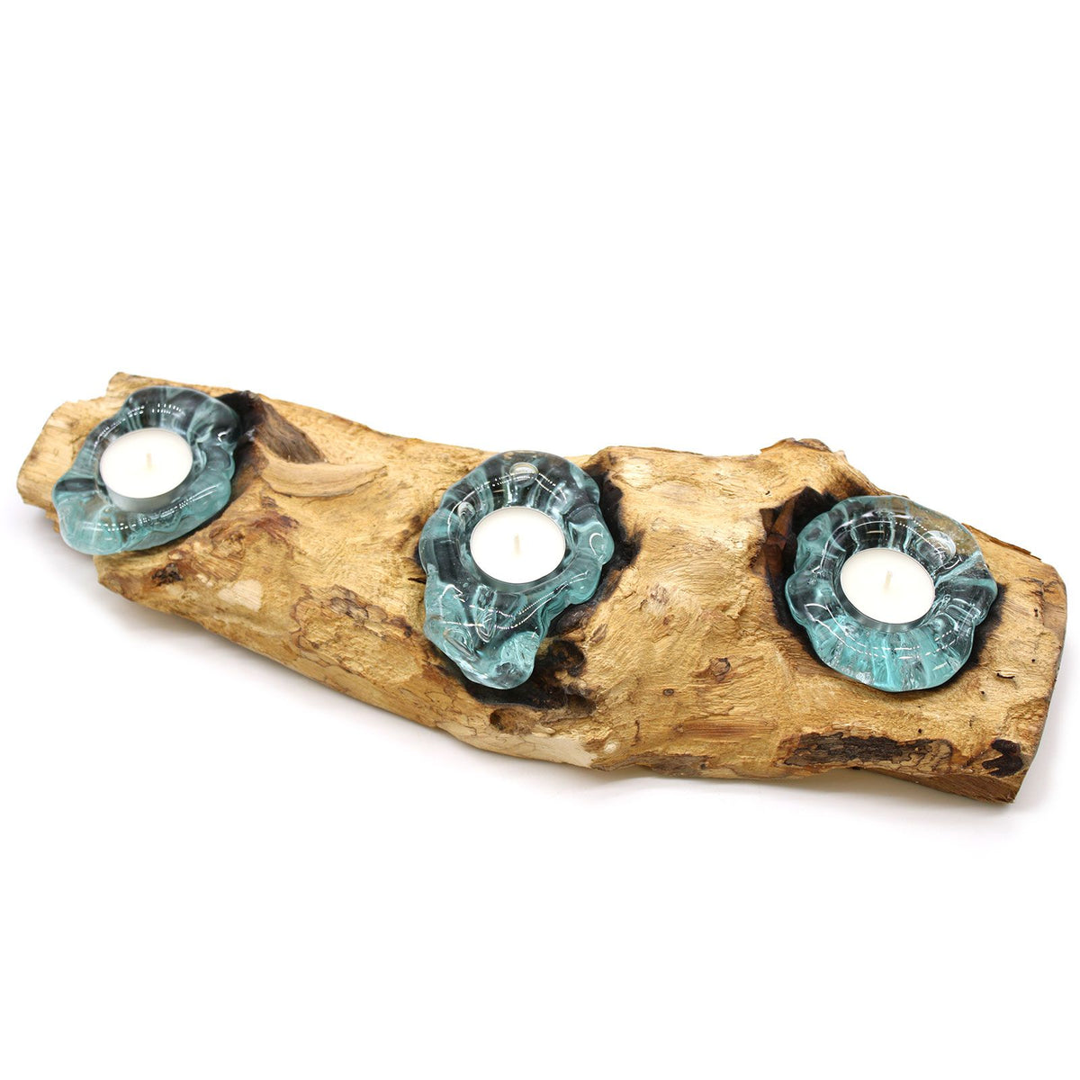 Candle Holder Triple Molten Glass on Wood Base