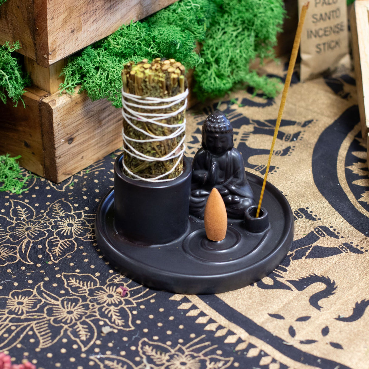 Plateau d'Encens Bouddha Polyvalent – Céramique Noir Mat