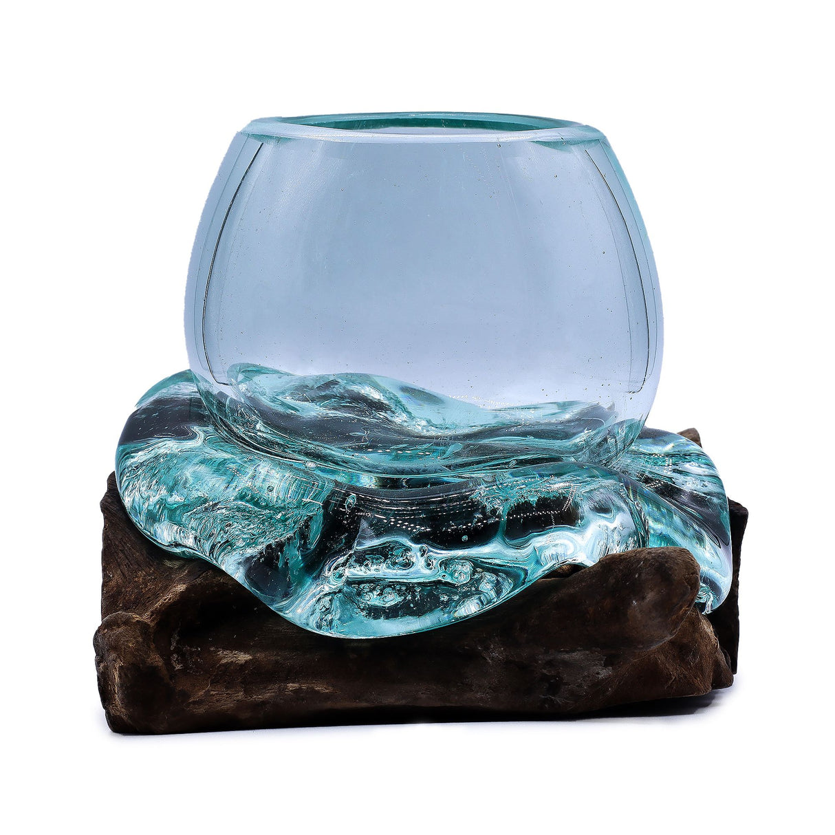 Mini Aquário de Peixe Dourado de Vidro Fundido sobre Madeira 20cm