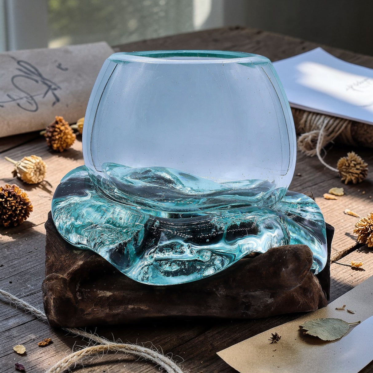 Molten Glass Mini Goldfish Bowl on Wood 20cm