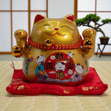 Ceramic Money Cat Bank – Gold on Cushion, Maneki Neko