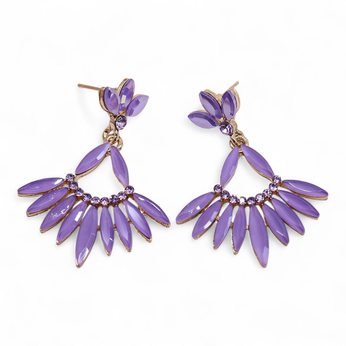Lavender Glass Floral Drop Earrings, Vintage Gold Tone