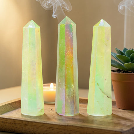 Gemstone Obelisk Point 9cm – Aurura Crystal Quartz – Pale Green, Gemstone Tower