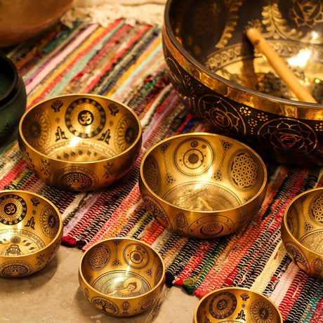 Hand‑Etched Brass Buddha Singing Bowls Set of 4